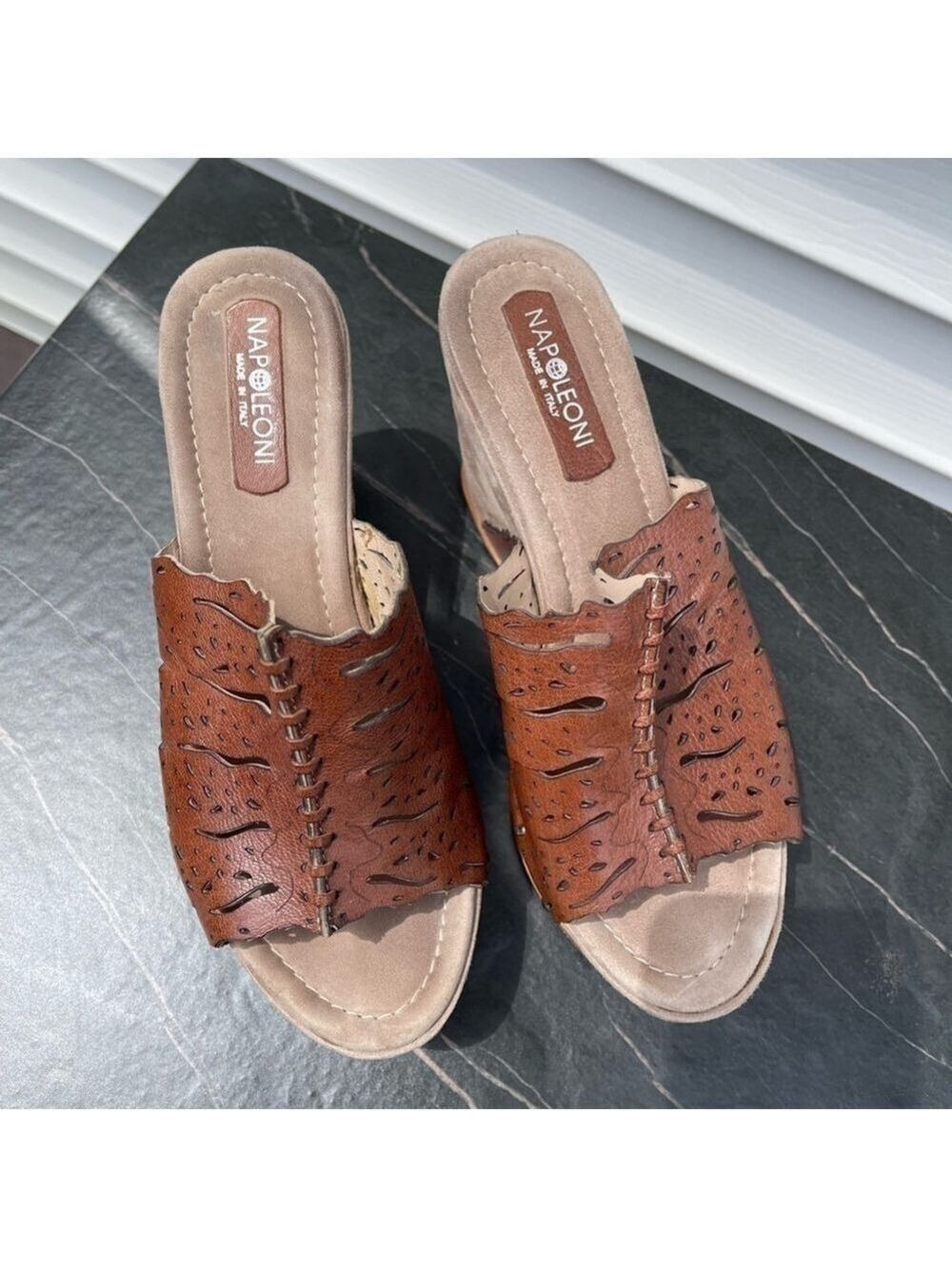 NAPOLEONI women platform wedge sandals mules brown leather Sz 38 - Picture 7 of 16